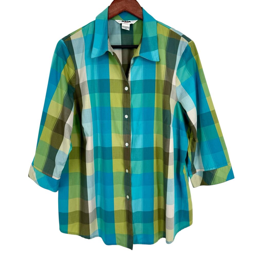 Alia Sport Plus Size 18W Blue Green 3/4 Sleeve Summer Tropical Blouse Shirt Top